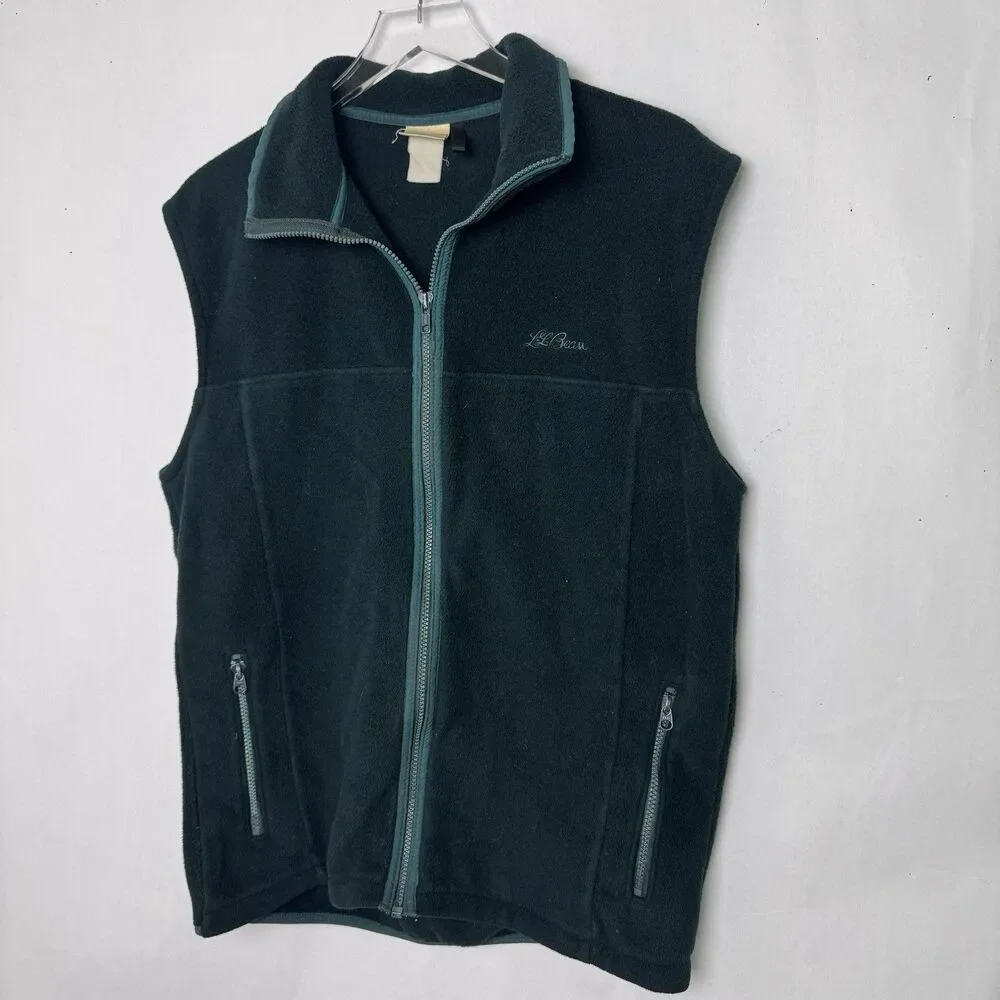Vtg LL Bean Full Zip Fleece Vest Script Mens Medium USA Green No Size Tag